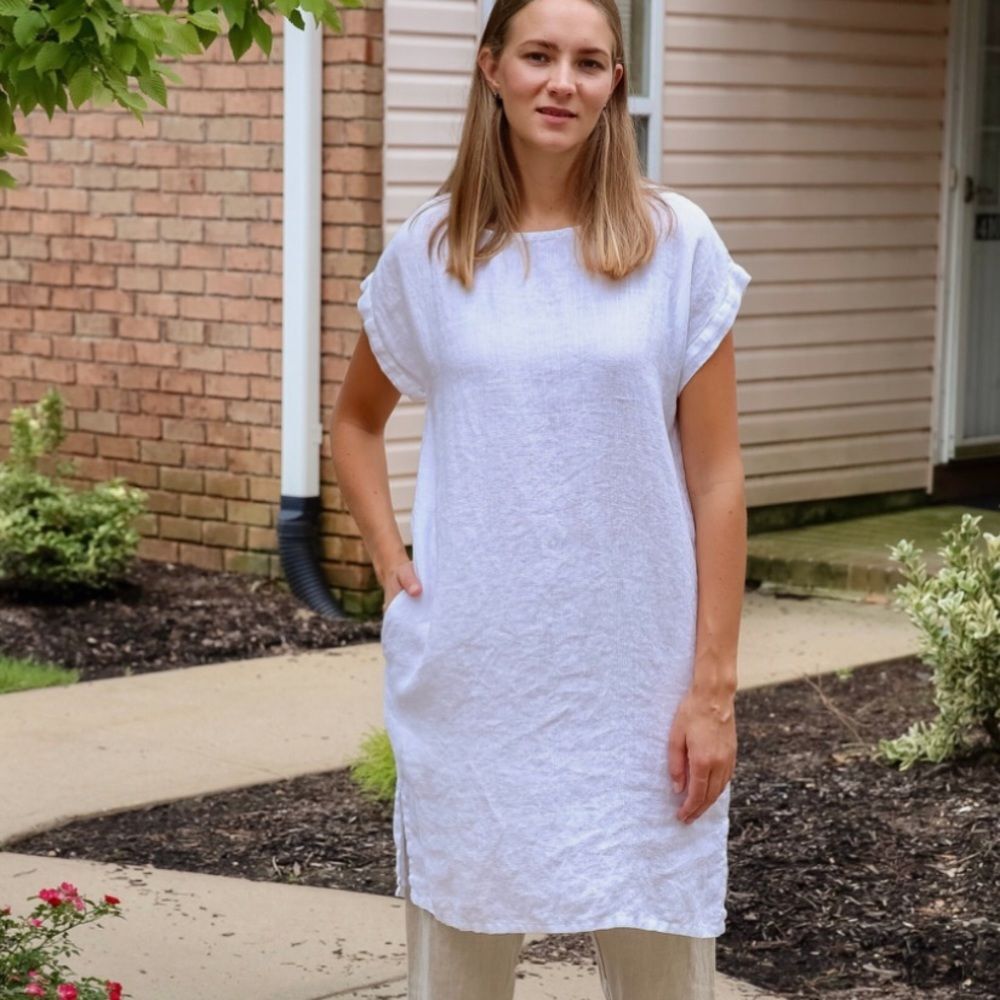 Vikolino Tanya Dress White Linen Shift Dress with Pockets Small